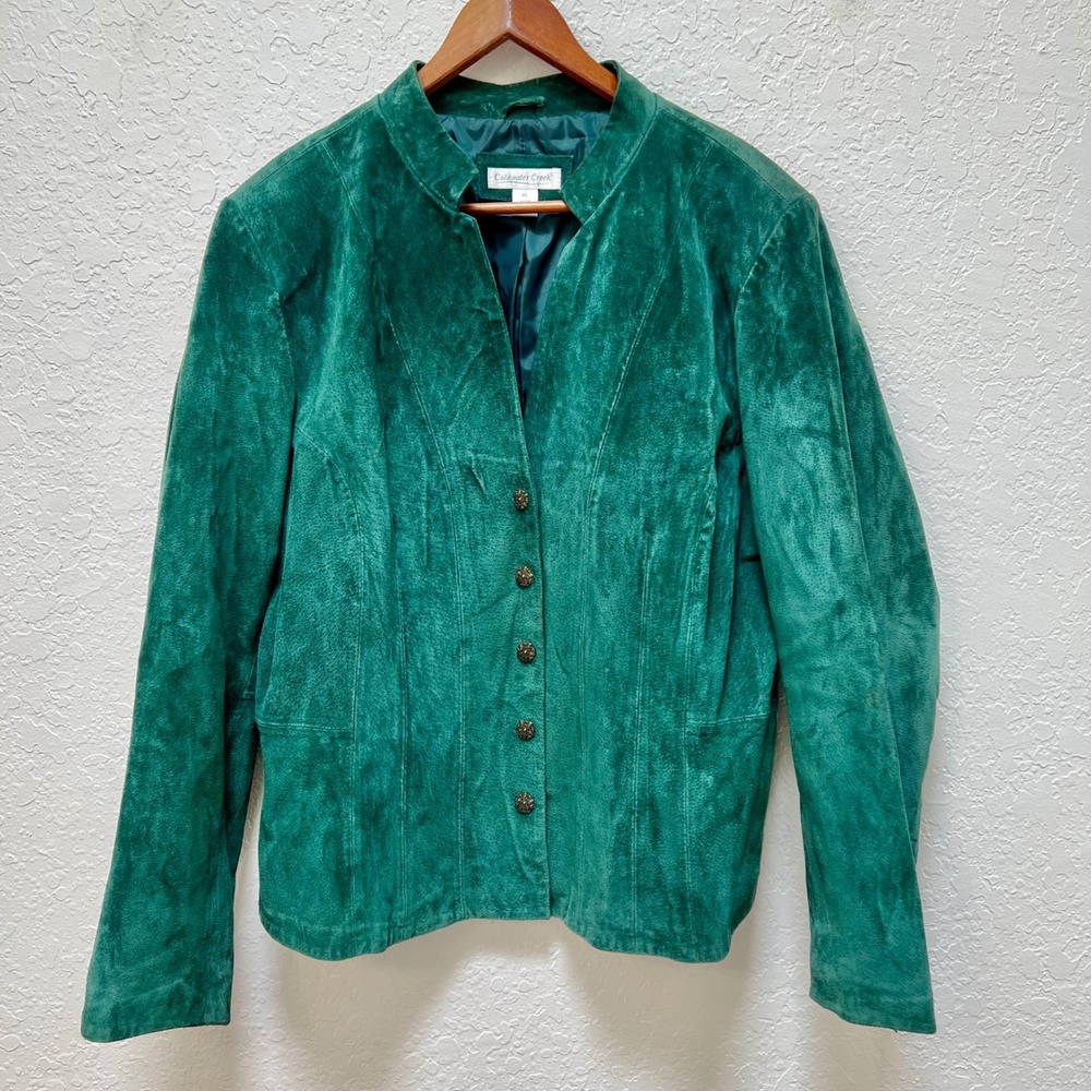 Coldwater Creek Emerald Green Suede Leather Jacket XL Ornate Buttons Boho